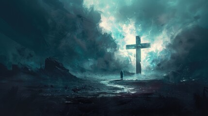 Fototapeta premium Path to Enlightenment. Cross standing tall amidst a misty shore. The silhouette of a man is staring at it. Digital illustration.