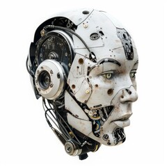 Fototapeta premium Futuristic white robotic head with intricate mechanical components and weathered details. Advanced technology and artificial intelligence concept for design and print. Generative AI