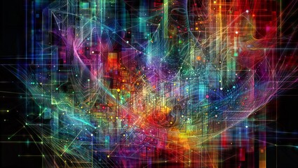 Fototapeta premium Abstract digital art with a complex network of lines, dots, and geometric shapes in vibrant colors against a dark background, ideal for tech or sci-fi themes.