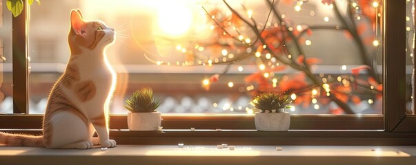 A cat sits by a window adorned with potted plants, basking in the warm glow of the morning...