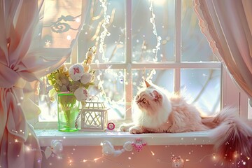 Cozy scene of a fluffy cat on a windowsill, surrounded by soft lighting, flowers, and delicate fairy lights. Perfect for a serene and dreamy ambiance.