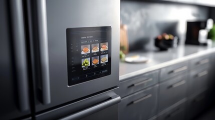 A smart refrigerator with a touchscreen displaying recipes.