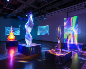 Stylish Avant Art Gallery setup presenting contemporary projection sculptures in a dark, immersive environment, blending light, form, and digital creativity,