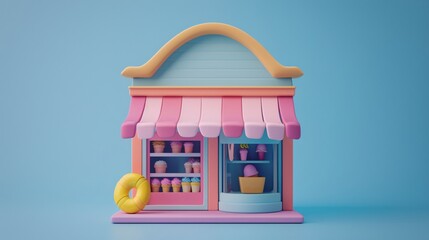 Obraz premium Charming 3D-rendered pastel ice cream shop with candy-colored facade, vibrant awning, and delightful window display, evoking sweetness and fun. 3D Illustration.