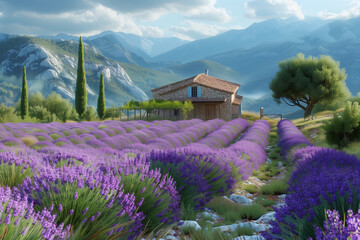 Purple lavender field in Provence France with a rustic farmstead nestled amid the blooms