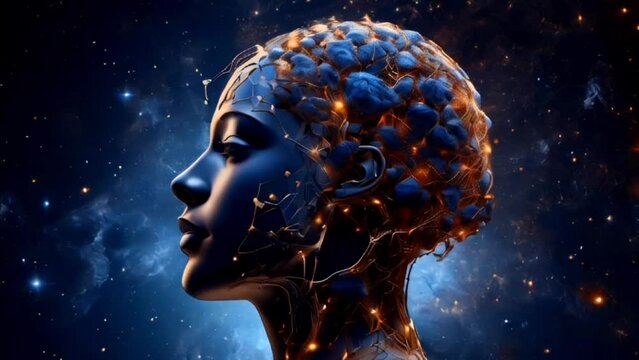 Futuristic Digital Art of Human Head with Neural Network, brain neurons and thought waves
