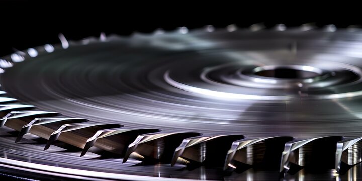 Closeup of saw blade on black background for industrial construction themes. Concept Industrial Tools, Construction Equipment, Metalworking, Detailed Closeup, Black Background