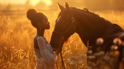 African woman gently stroking a majestic black horse at sunset, warm golden light, serene expression, field with wildflowers