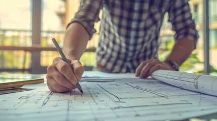 Architect sketching project blueprint at construction site or office desk