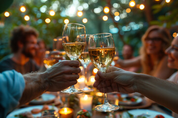 Friends clinking glasses at an outdoor dinner party