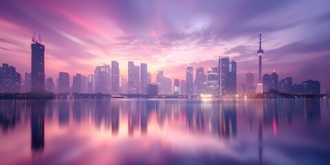 Fototapeta premium Asian city skylines dazzle with vibrant urban energy at sunset. Concept City Skylines, Asian Cities, Urban Energy, Sunset Views