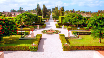 Panorama of Bahai Gardens, Haifa Israel. Bahai gardens, view of park, Mediterranean Sea & Haifa...