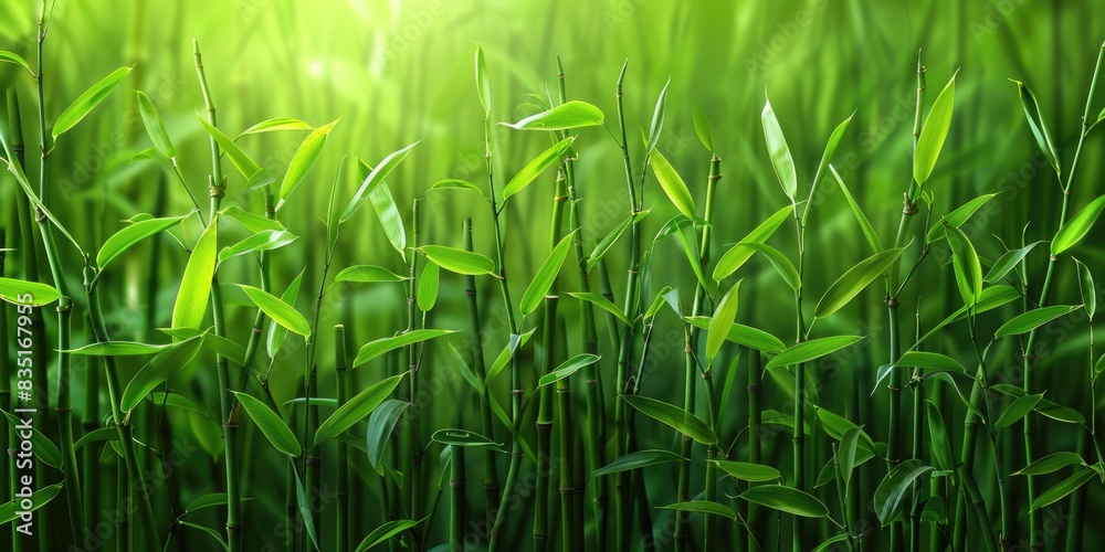 Sticker Lush Green Bamboo Forest with Sunlight Filtering Through Leaves