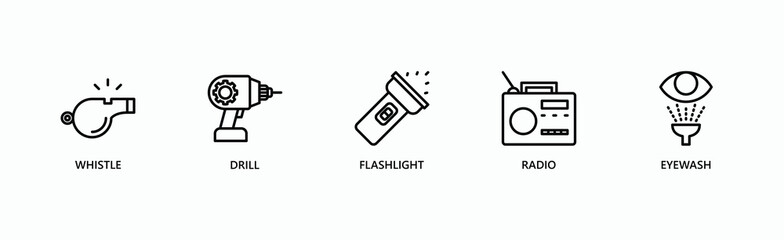 Essentials Banner Web Icon Vector Illustration Concept With Whistle, Drill, Flashlight, Radio, Eyewash