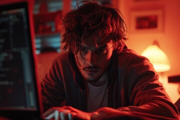 Young Programmer Working Late Night on Computer in Dimly Lit Room