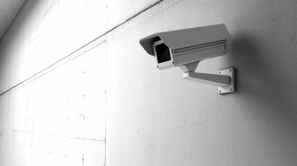 CCTV security camera mounted on a white wall. camera is positioned at an angle, clear lines against clean, minimalistic background. image highlights modern surveillance technology, security measures