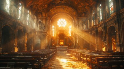 Fototapeta premium Historic Cathedral Interior with Sunlight Streaming Through Stained Glass Windows