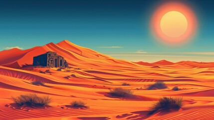 A mesmerizing desert scene featuring vast sand dunes bathed in vibrant orange hues, illuminated by the warm glow of the full moon.