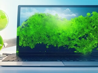 The laptop screen showed a stock chart and a green globe. green business idea. sustainability of digital. Future commercial trends in green energy innovation.