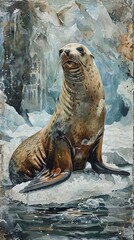 Pastel watercolor of a sea lion on a dwindling ice shelf, surrounded by melting ice, Watercolor, Pastel, Endangered