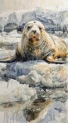 Pastel watercolor of a sad sea lion on a dwindling ice shelf, surrounded by melting ice, Watercolor, Pastel, Endangered