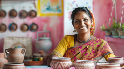 Smiling Indian woman in traditional attire, painting intricate designs on pottery in a well-lit room with a light pink background