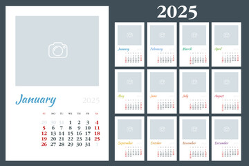 Calendar planner for 2025. Vector Stationery Design Print 2025 Template with Place for Photo, Your Logo and Text. calendar design 2025