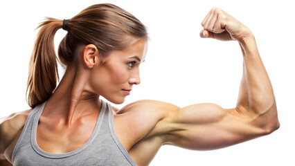 Close-up portrait of a muscular woman flexing her arm to show off her bicep
