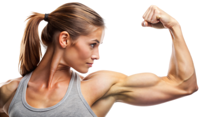 Close-up portrait of a muscular woman flexing her arm to show off her bicep