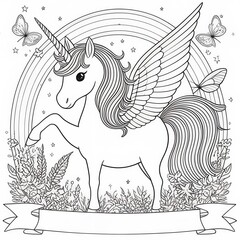 Black and white coloring book page, Unicorn