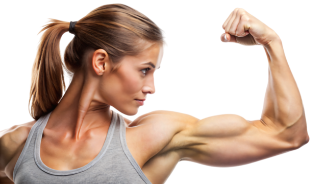 Close-up portrait of a muscular woman flexing her arm to show off her bicep