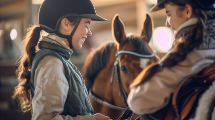 Two young women in equestrian uniforms preparing their horses for a competition, smiling and chatting