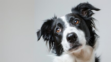 studio headshot portrait of black and white dog tilting head 