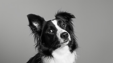 studio headshot portrait of black and white dog tilting head 