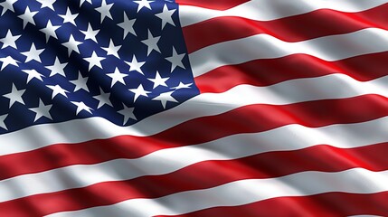 Obraz premium Close-up of an American flag waving in the wind. Red, white, and blue stripes and stars are visible.