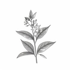 Botanical illustration of a branch with leaves and berries. Black and white detailed drawing. Floral and nature concept for design and print. Сamphor Ayurveda. ayurvedic herbs. Generative AI