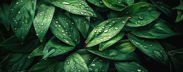Fototapeta premium Close-up of lush green leaves with water droplets, showcasing nature's beauty and freshness. An ideal background for eco-friendly themes.