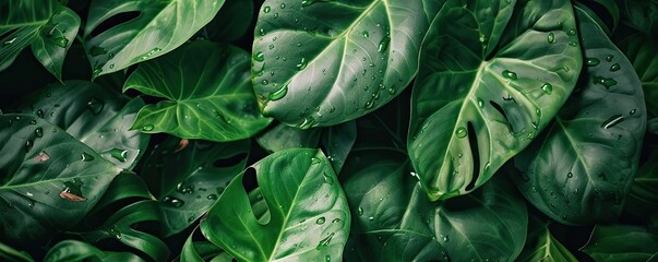 Close-up of lush green tropical leaves with fresh water droplets, showcasing the beauty of nature and plant life in detail.