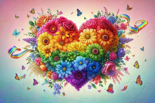 Heart-shaped floral arrangement with a rainbow of flowers and butterflies, set against a pink background, creating a vibrant and joyful visual.