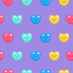 Vector seamless pattern with hearts in kawaii style.