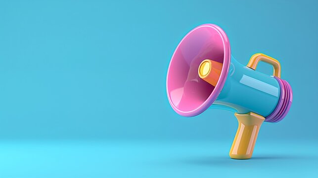 Colorful megaphone on a blue background, representing communication and announcement in a modern and vibrant style. 3D Illustration.