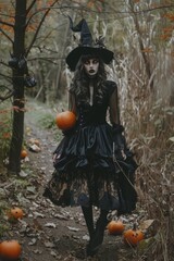 Gothic Witch in Dark Forest with Pumpkins on Halloween