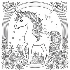 Black and white coloring book page, Unicorn