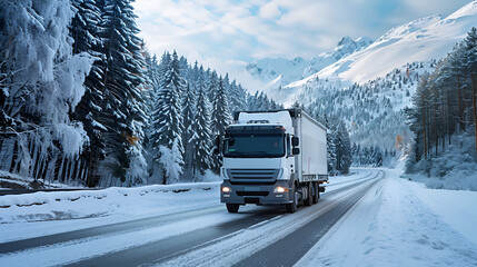 Big commercial semi-trailer truck trapped in snow drift on closed highway road at heavy snow storm blizzard cold winter day. Cargo vehicle stuck on freeway at bad weather conditions frosty snowfall
