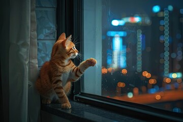 Cute ginger cat looking out of a window at the city lights during nighttime, creating a peaceful and serene atmosphere.