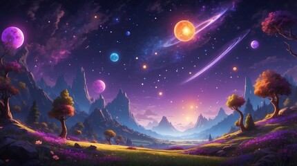 Naklejka premium Stunning fantasy landscape of unearthly land in space