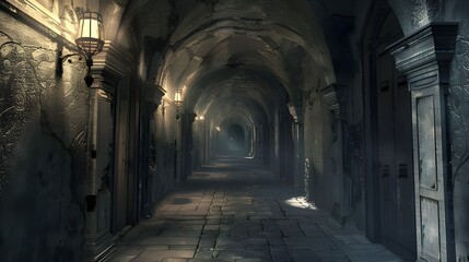 Obraz premium A long, dark, and eerie hallway illuminated by dim, flickering lights, evoking a sense of mystery.