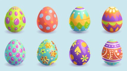 Set of cartoon easter eggs with colorful chocolate eggs, cute colored patterns and happy easter decorations