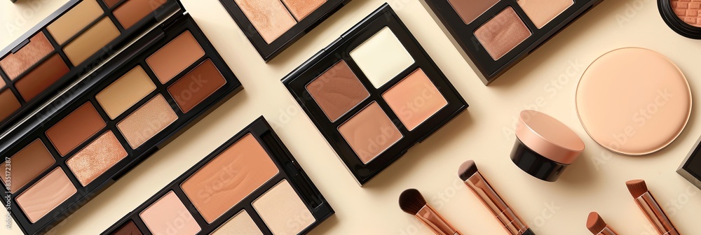 Poster a flat lay image showcasing various makeup palettes and highlighters on a light background. generati