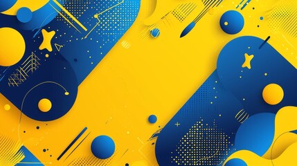 Bright yellow and blue abstract background with tool motifs, construction designs, and celebratory elements